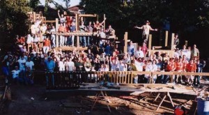 More than 100 volunteers celebrate their work at the Hardy play area, October 2001.